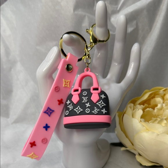 no brand Accessories - Pink & Black Monogram Charm Keychain with Wrist Strap